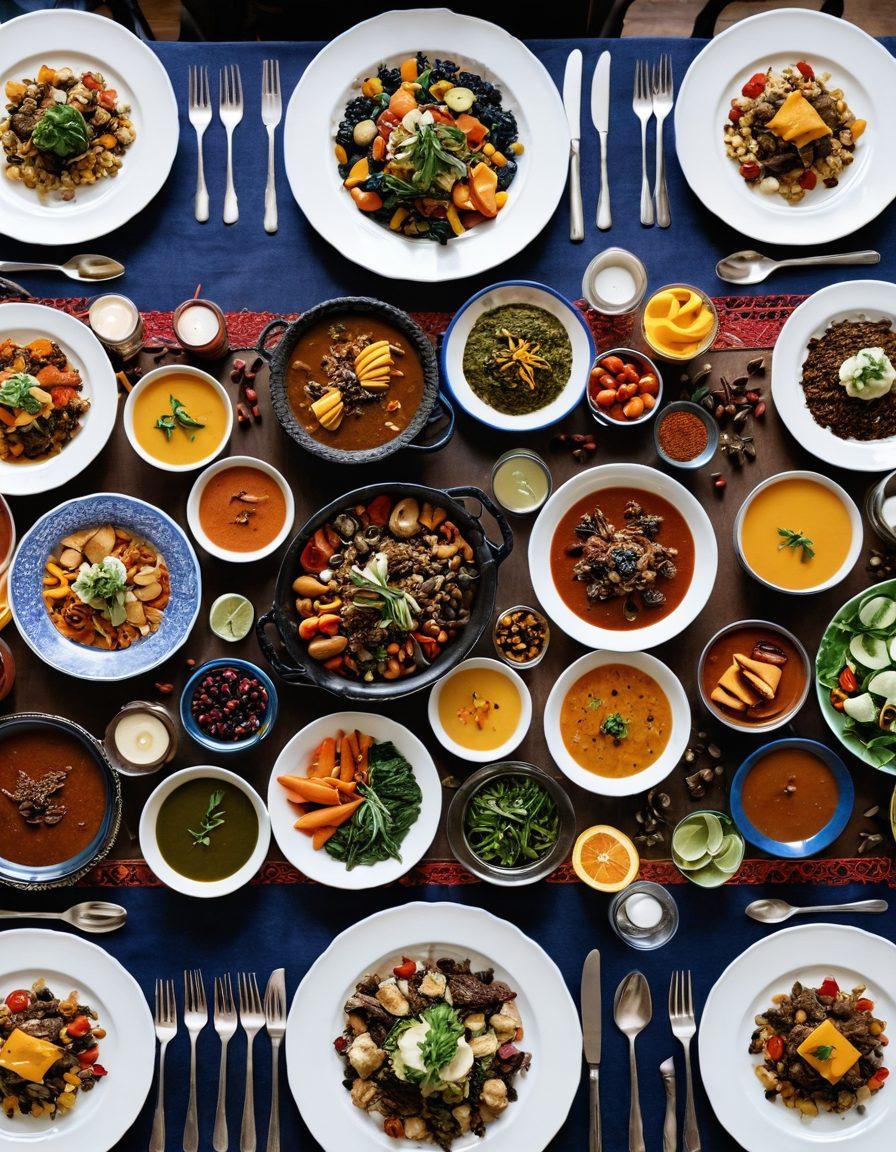 A beautifully arranged table featuring a variety of gourmet dishes from Cook's County, showcasing vibrant colors and intricate presentations. Include elements like fresh ingredients, local spices, and people enjoying the meal in the background to create an inviting atmosphere. The setting should be warm and welcoming, evoking a sense of community and culinary exploration. 3D. vibrant colors.