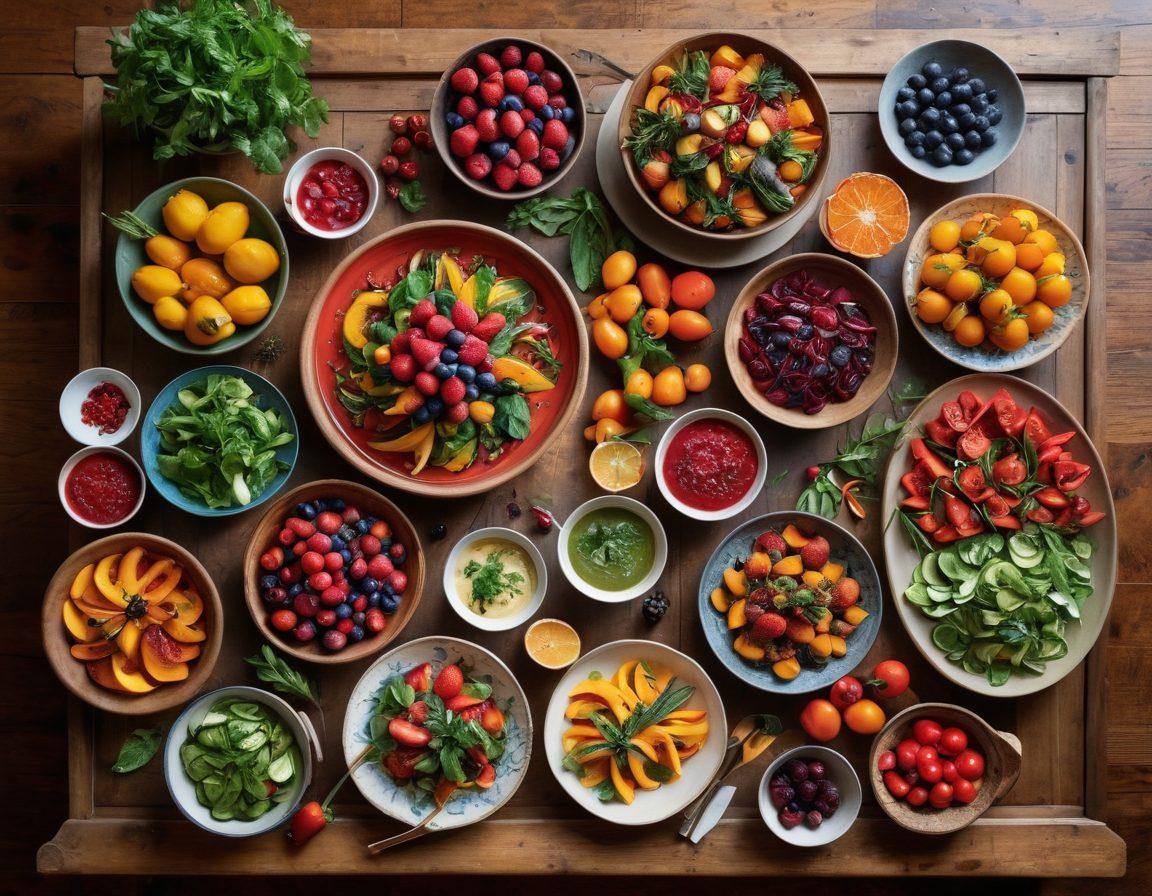 A colorful spread of seasonal dishes inspired by various global cuisines, featuring vibrant fruits, vegetables, and herbs for a healthy meal. Include a rustic wooden table setting with intricate plating, showcasing both traditional and contemporary cooking styles. In the background, hints of a cozy kitchen atmosphere to evoke a sense of home cooking and exploration. super-realistic. vibrant colors. soft natural lighting.